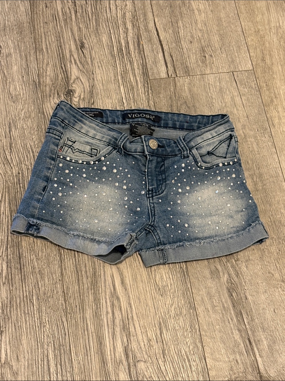 Vigoss Light Blue Denim Studded Rolled-Hem Shorts